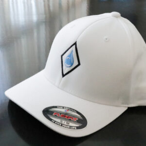 Angled view of a white Arctic Chiller cap featuring logo branding for promotional corporate apparel.