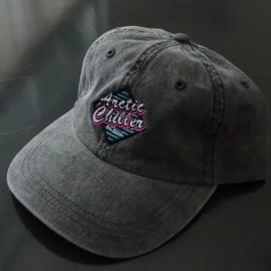 Angled view of a grey Arctic Chiller baseball cap featuring embroidered branding for corporate merchandise.